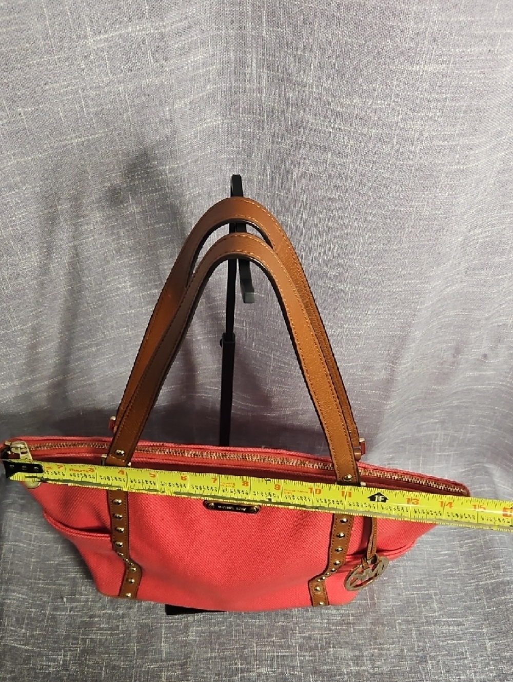 Michael Kors Coral Canvas Tote with Tan Leather Trim and MK Charm - Picture 6 of 15